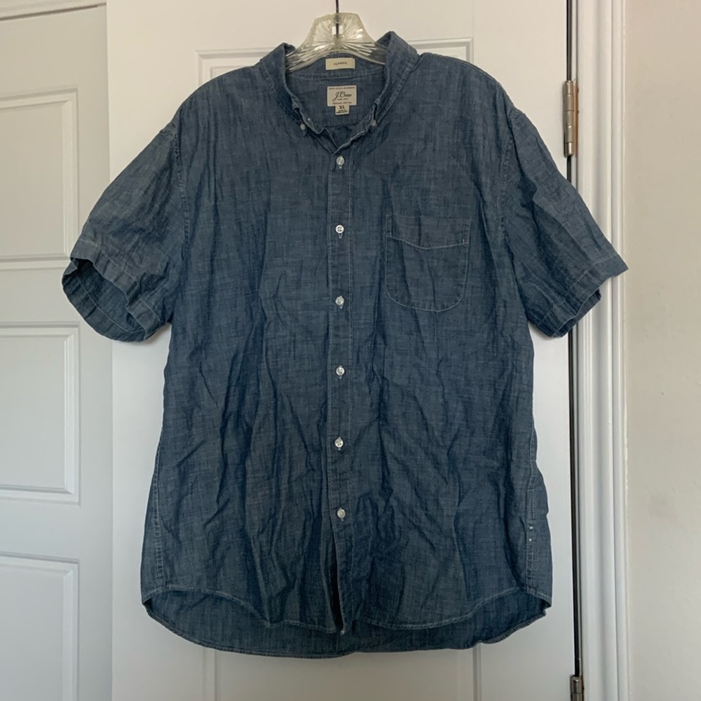 J Crew Classic Fit Men's Denim Short Sleeve Button Down Organic Cotton NWOT XL